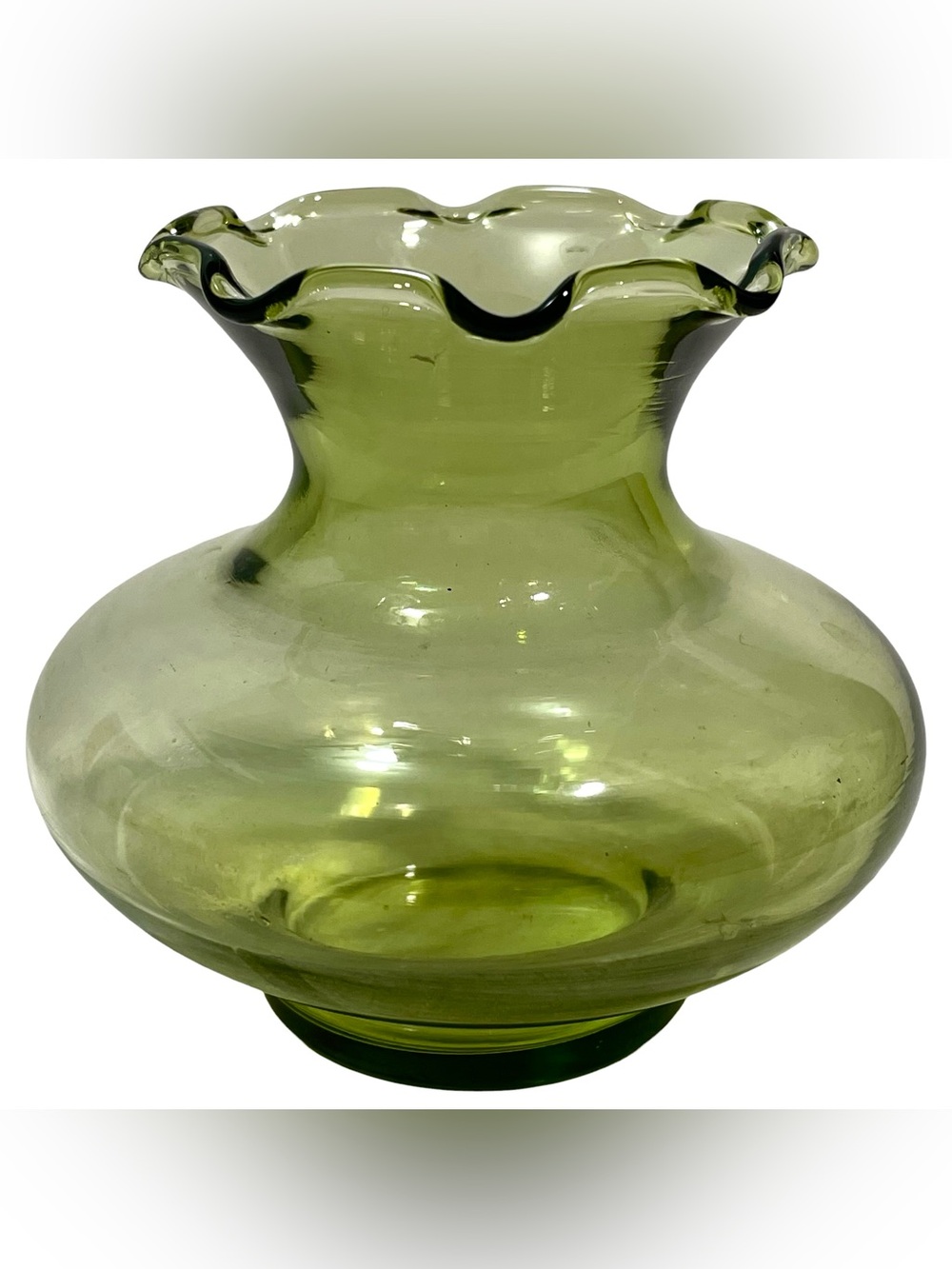 Vintage 1960s Anchor Hocking Avocado Green Glass Short Flared Crimped Rim Vase